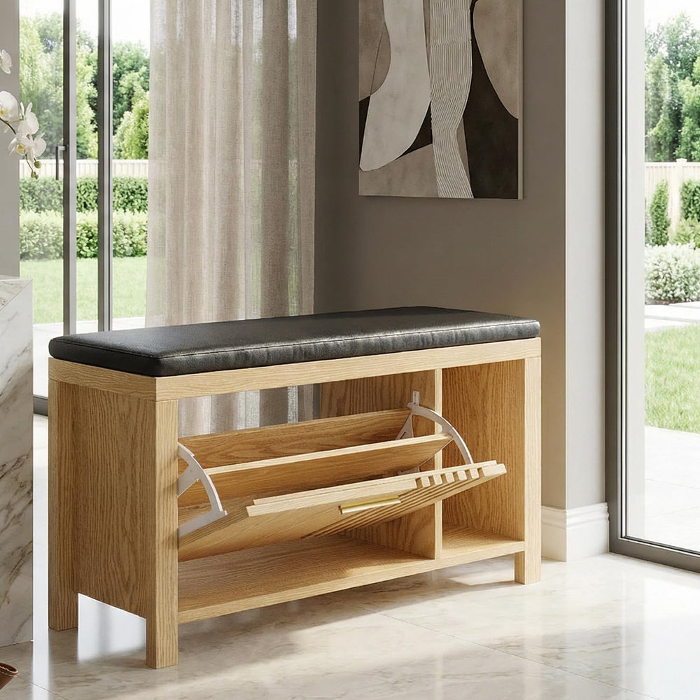 UNIQUITE Shoe Storage Bench with Flip Drawers, Padded Seat Cushion, 39.4&quot...
