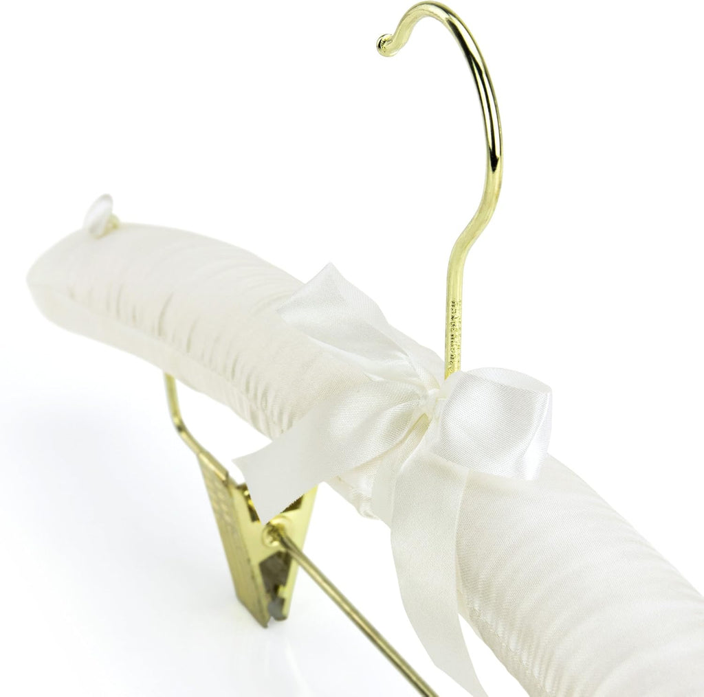 HANGERWORLD Pack of 5 Ivory Satin Padded Hangers with Clips for Skirts, Pants & Sweaters with Non-Slip Buttons, Pretty Hanger for Women Clothing - 17 Inch