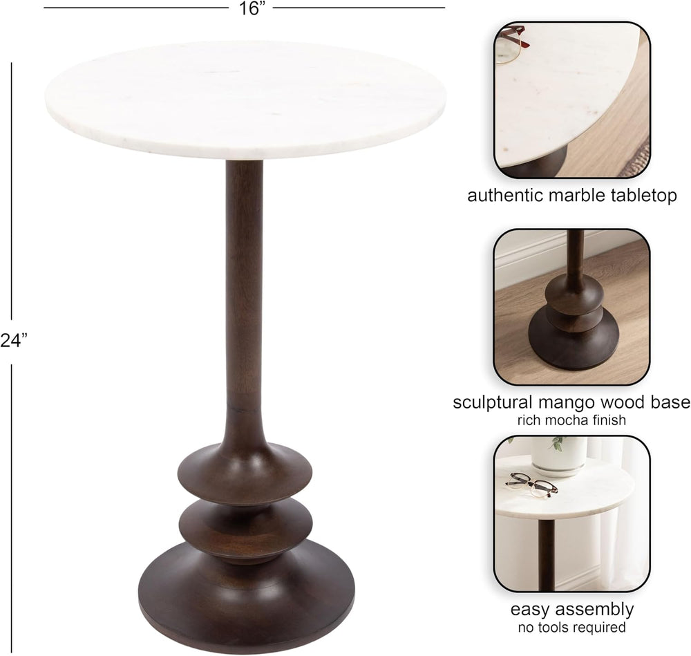 Kate and Laurel Squires Modern Marble Round Side Table, 16 x 16 x 24, White M...