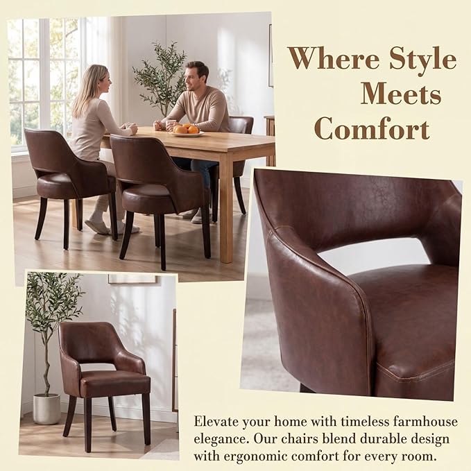 Farmhouse Dining Chairs Set of 2, PU Leather Upholstered Dining Chairs with A...