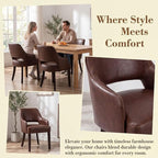 Farmhouse Dining Chairs Set of 2, PU Leather Upholstered Dining Chairs with Arms, Mid Century Modern Solid Wood Kitchen Chairs, Comfortable Accent Chairs for Dining/Living Room, Brown