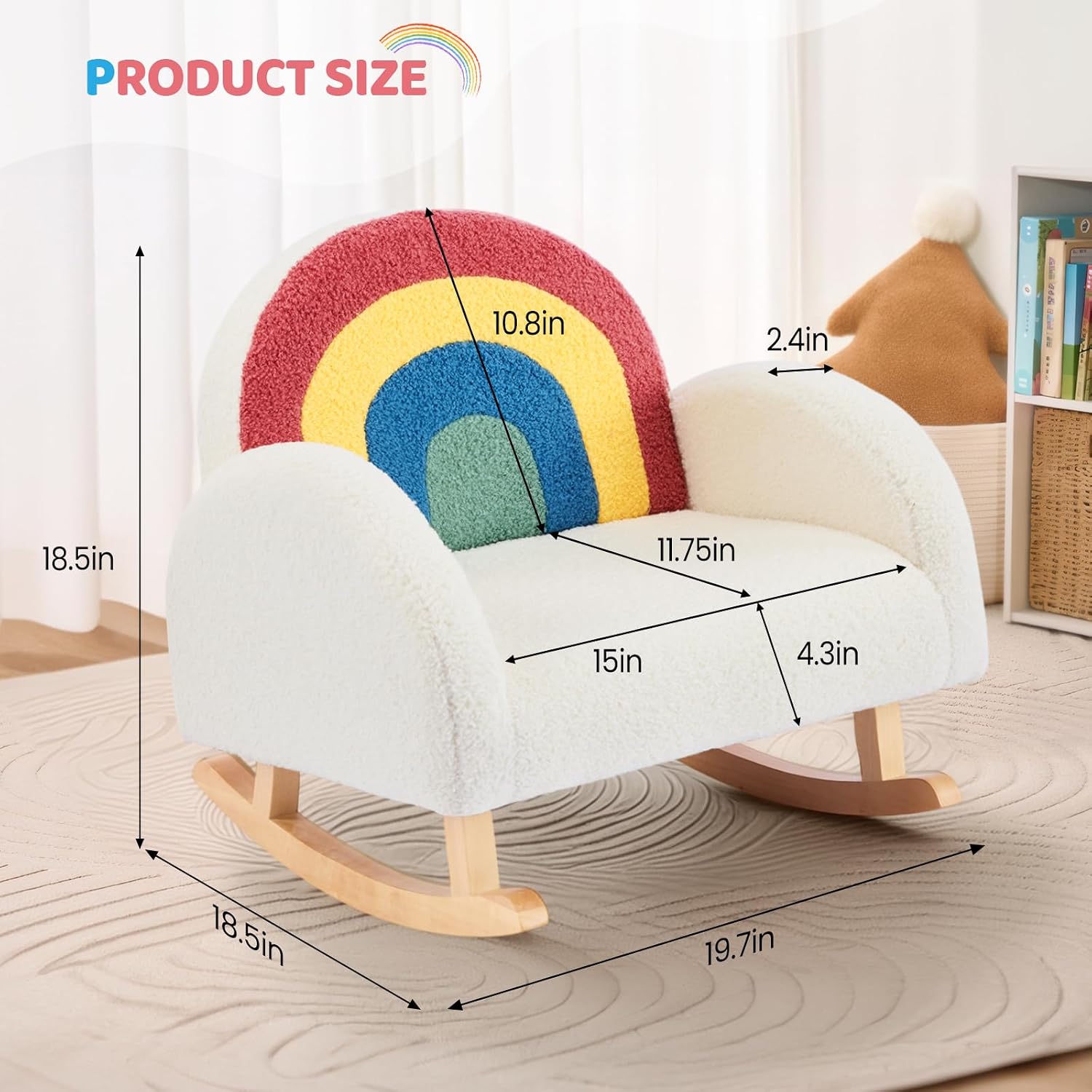 JOYMOR Kids Chair, Teddy Fleece Toddler Rocking Chair with Solid Wood Legs, Anti-Tip Design, Kids Sofa for Nursery, Playroom, Rainbow