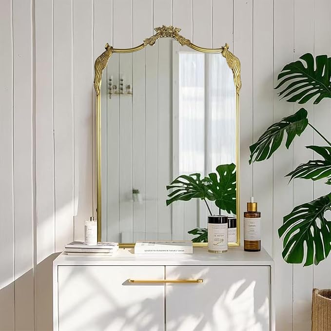 European Retro Mirror, Wall Mirror, Traditional Retro Baroque Mirror, Traditional Gorgeous Arched Wall Mirror，Can be Used for Decoration