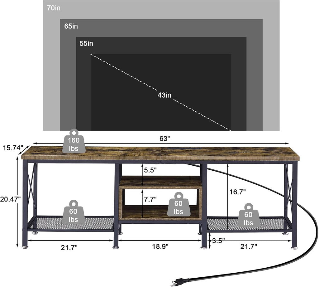 VECELO TV Stand with Power Outlets for 70 Inch Industria Media Entertainment Center with Charging Station, 3-Tier Open Shelves & Metal Frame for Living Room, Bedroom, 63 Inch, Brown
