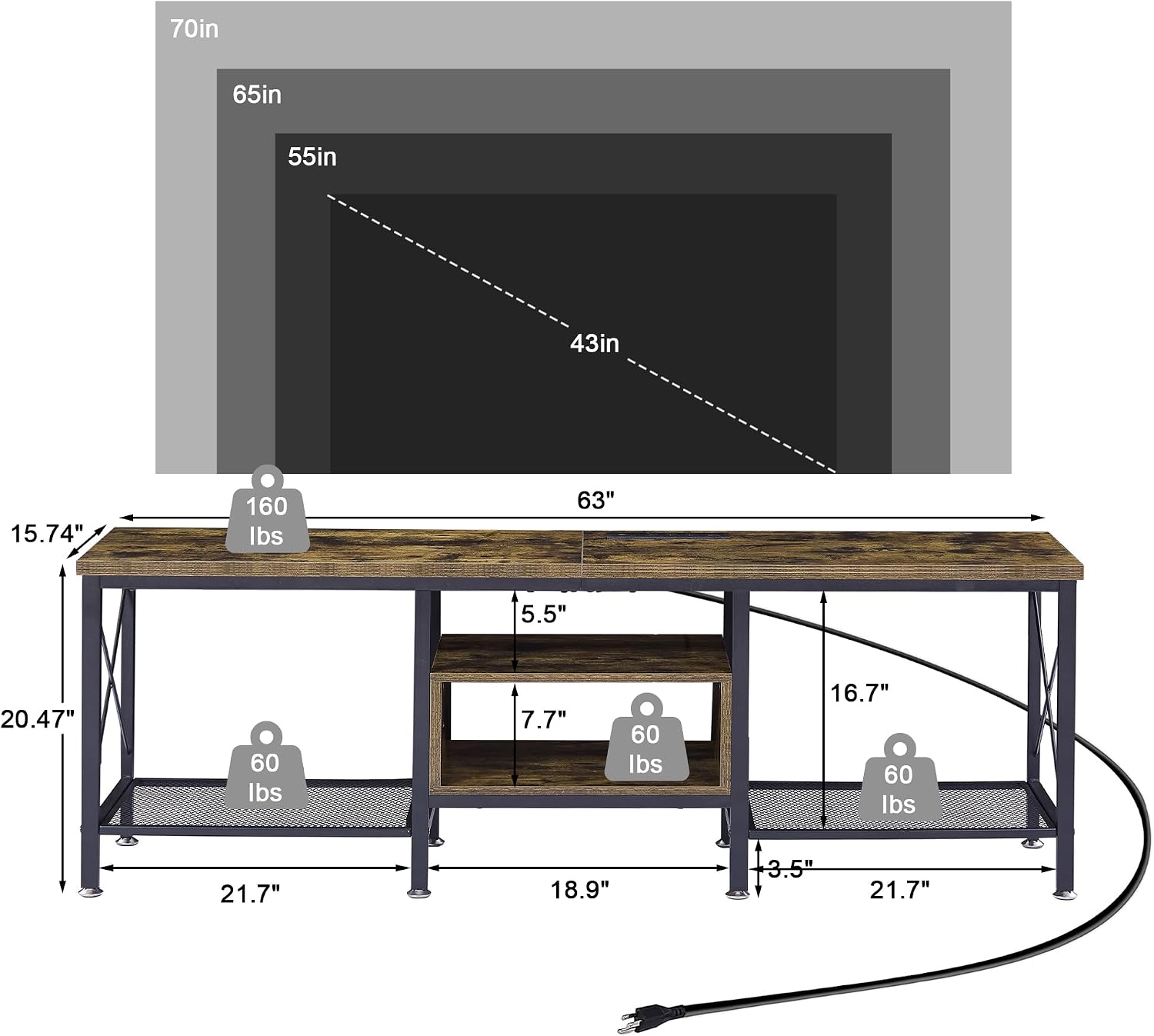 VECELO TV Stand with Power Outlets for 70 Inch Industria Media Entertainment Center with Charging Station, 3-Tier Open Shelves & Metal Frame for Living Room, Bedroom, 63 Inch, Brown