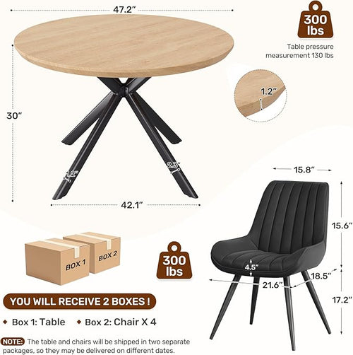 47.2" 5-Piece Round Dining Table Set for 4, Modern Wood Dining Table with 4 Upholstered Chairs, Kitchen & Dining Room Table Set with Metal Base for Apartment, Small Space, Natural Table+4 Balck Chairs