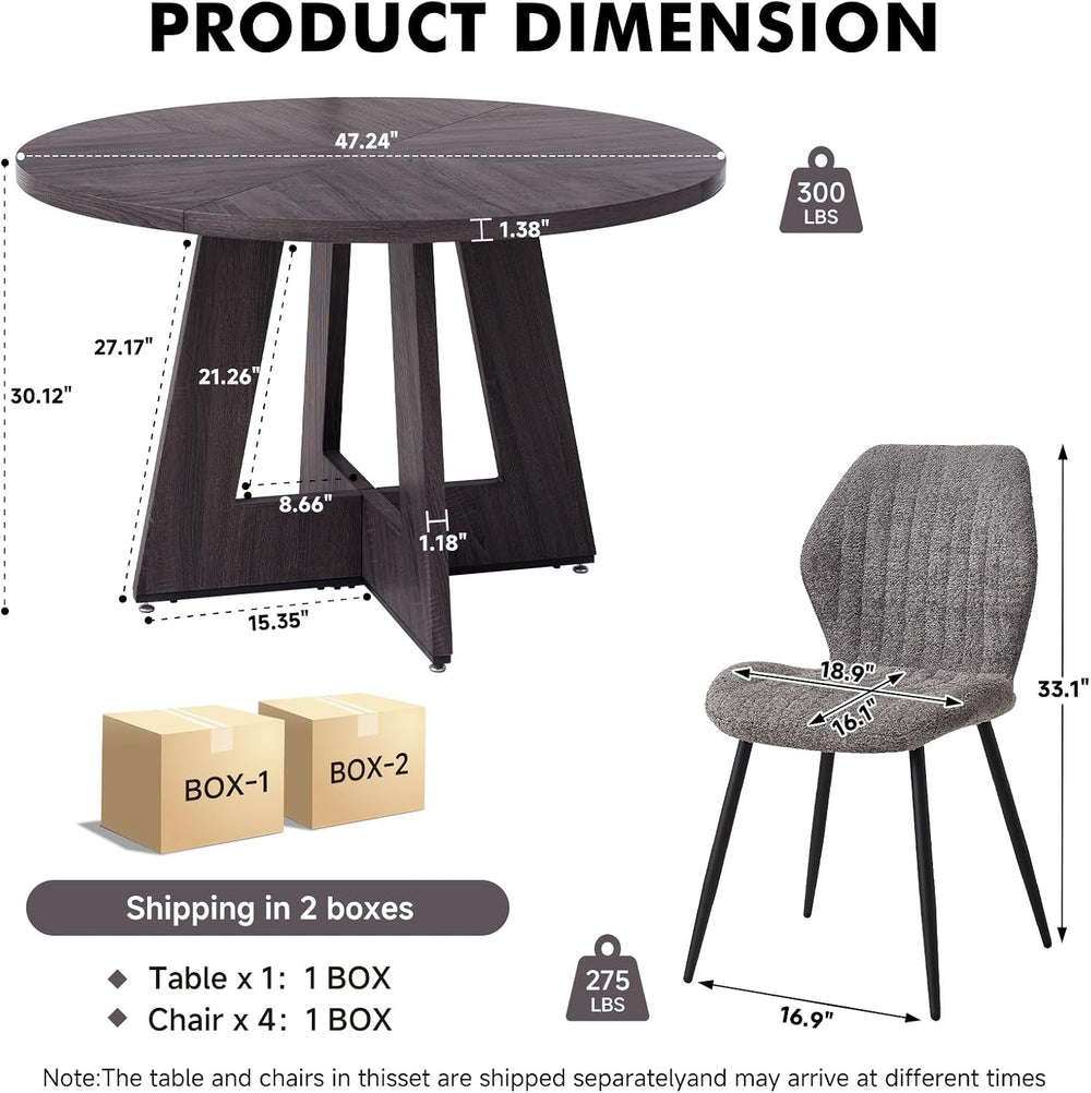 Round Dining Table Set for 4, Kitchen Table and Chairs | Wooden Cross Base, B...