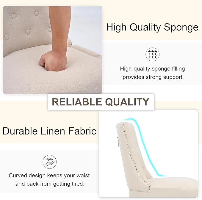 Upholstered Tufted Dining Chairs Set of 6, Fabric Side Dining Room Chairs with Nailhead Back Ring Pull Trim Solid Wood Legs, Beige