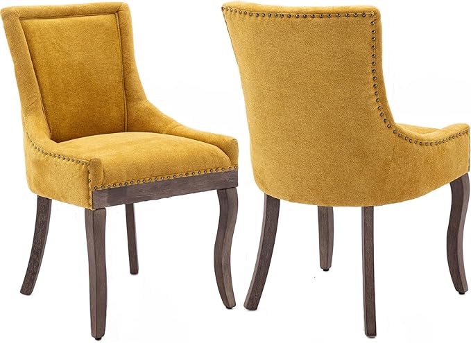 Gold Dining Chairs Set of 2, Kitchen & Dining Room Chairs, Fabric Upholstered Dinning Chairs, Sillas De Comedor, Nailhead Trim, Wood Legs (Yellow, 2 Pcs)