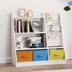 Kids Bookshelf Wood Montessori Toy Storage Organizer Cabinet Shelf Child Bookcase Toddler Baby Sling Book Rack 3 Cube Bin Fabric Drawers for Playroom Bedroom Nursery School