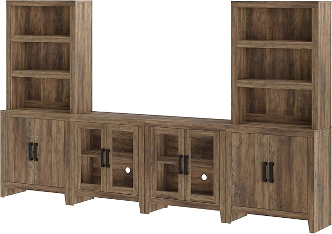 WAMPAT Entertainment Center with Bookshelves, 4-Piece Modular TV Stand with Storage Towers, Farmhouse Media Console with Glass Doors for Living Room, Bedroom, Brown