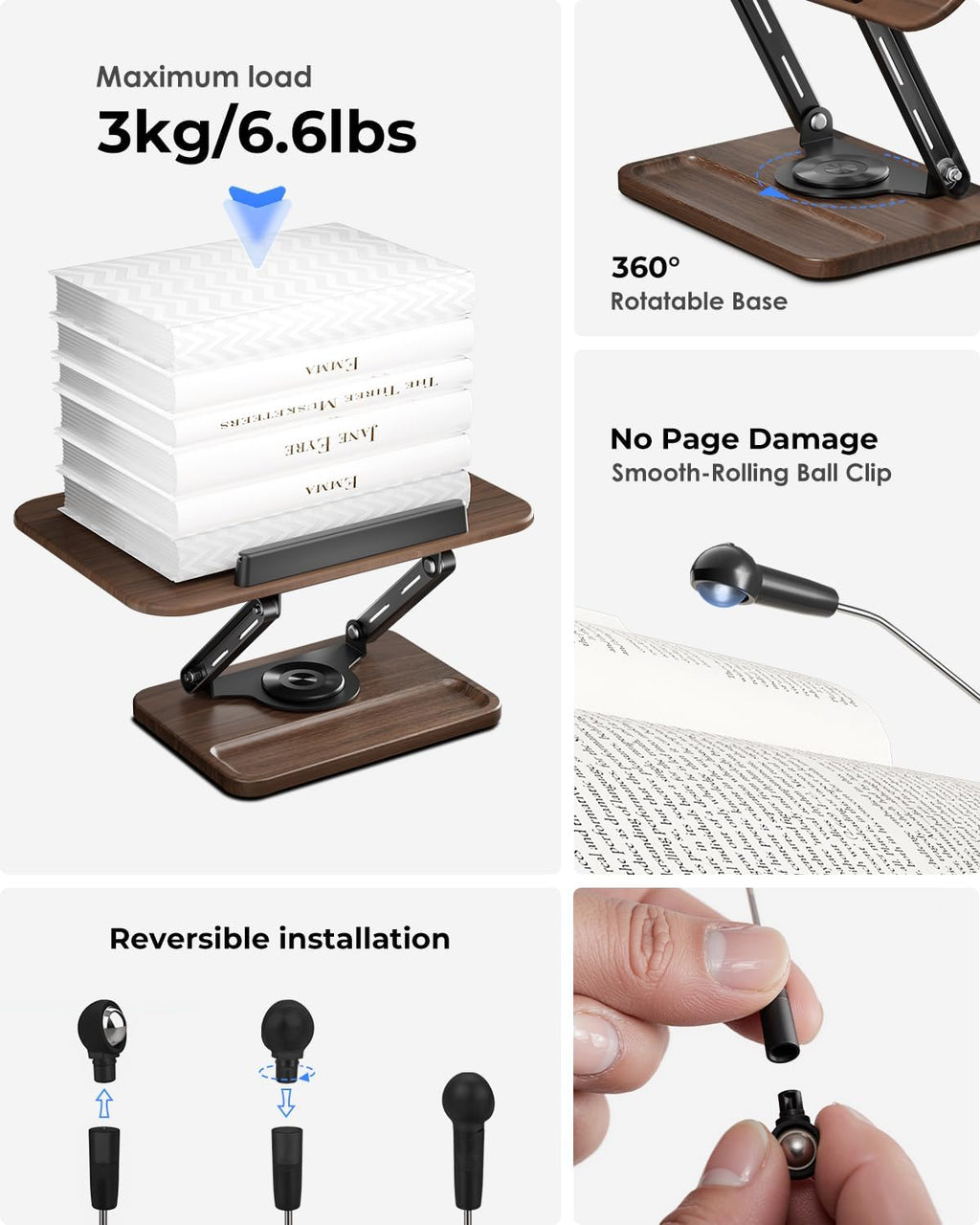 Viozon Book Stand for Reading, Book Holder 360° Rotating Base with Pen Slot, Foldable Reading Display Stand with Elastic Page Clips for Cookbook, Recipe, Textbook, Tablet, Laptop.
