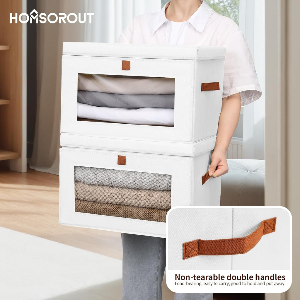 Large Clothing Storage Bins - Collapsible Boxes with Handles & Window, Decorative Organizer Bins with Lids, Fabric Containers for Living Room, Dorm, 2 Pack, White