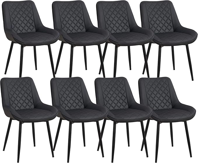 Dining Chair Set of 8, Modern Dining Chairs with Thick Cushions, Faux Leather Upholstered Kitchen Dining Room Chairs with Metal Adjustable Legs for Dining Living Room, Black