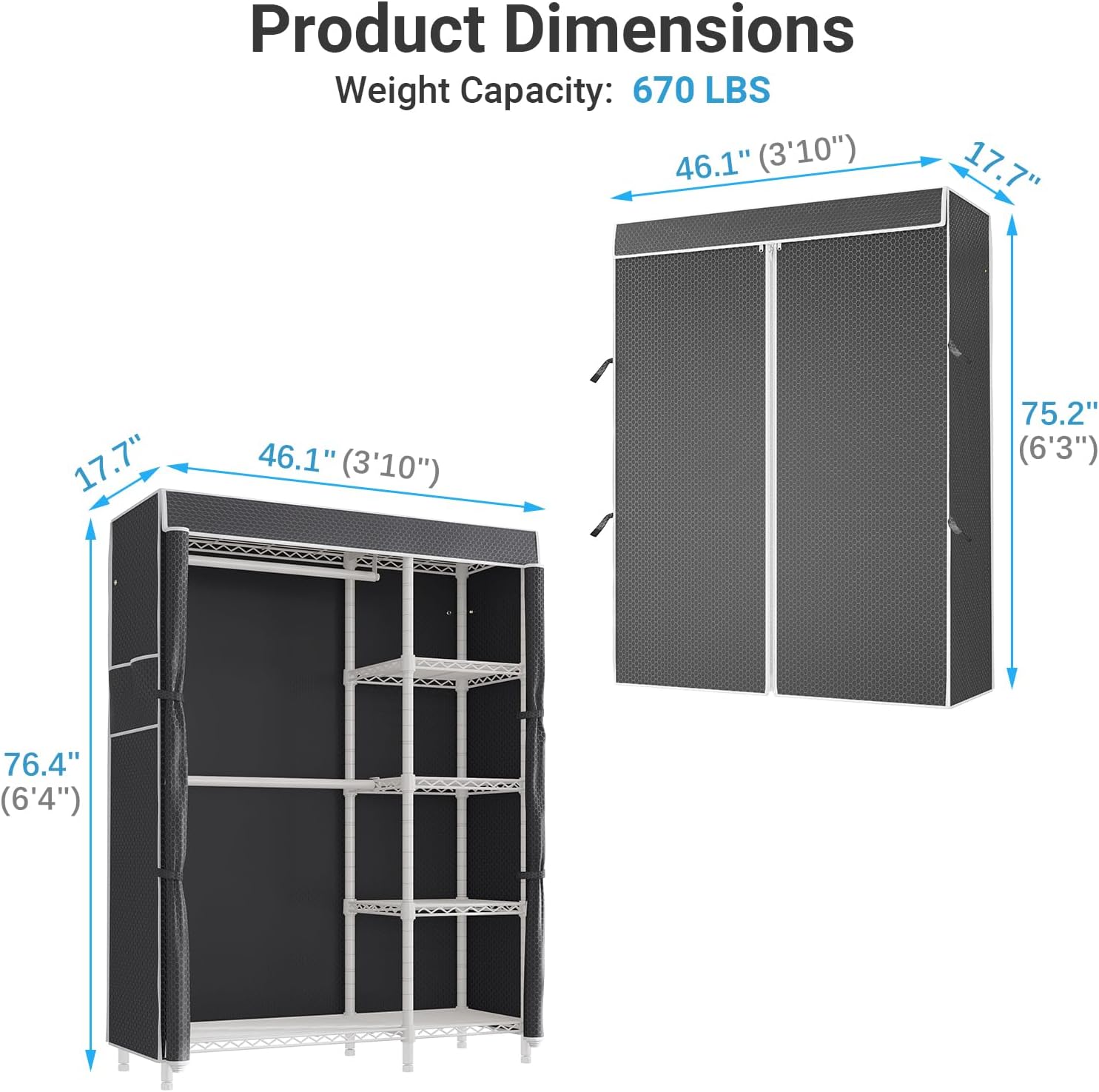 VIPEK V7C Garment Racks with Cover Portable Closets for Hanging Clothes, Heavy Duty Clothes Rack with Shelves Metal Closet Wardrobe, Max 670lbs, White Rack with Black Upgraded Polyester Cover