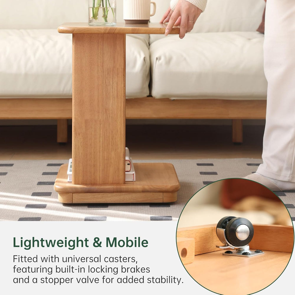 YESWOOD C Shaped End Table, Solid Wood Side Table, Small Rolling Side Table w...