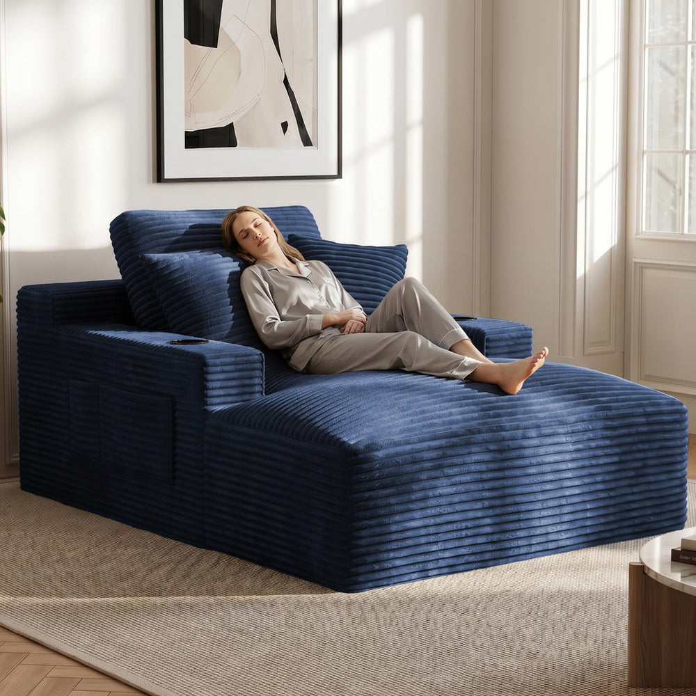 50" x 76" Corduroy Chaise Lounge Sofa Bed with Cup Holders, Blue | ...