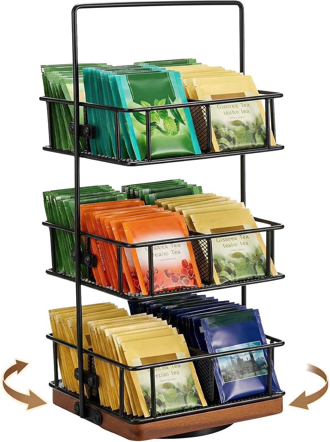 3 Tier Rotating Tea Bag Organizer, Iron and Acacia Wood 360°Spinning Carousel 150 Teabags Holder with Handle for Easy Moving, 12 Compartment Caddy for Pantry Kitchen Office Gift Giving(No Assembly)