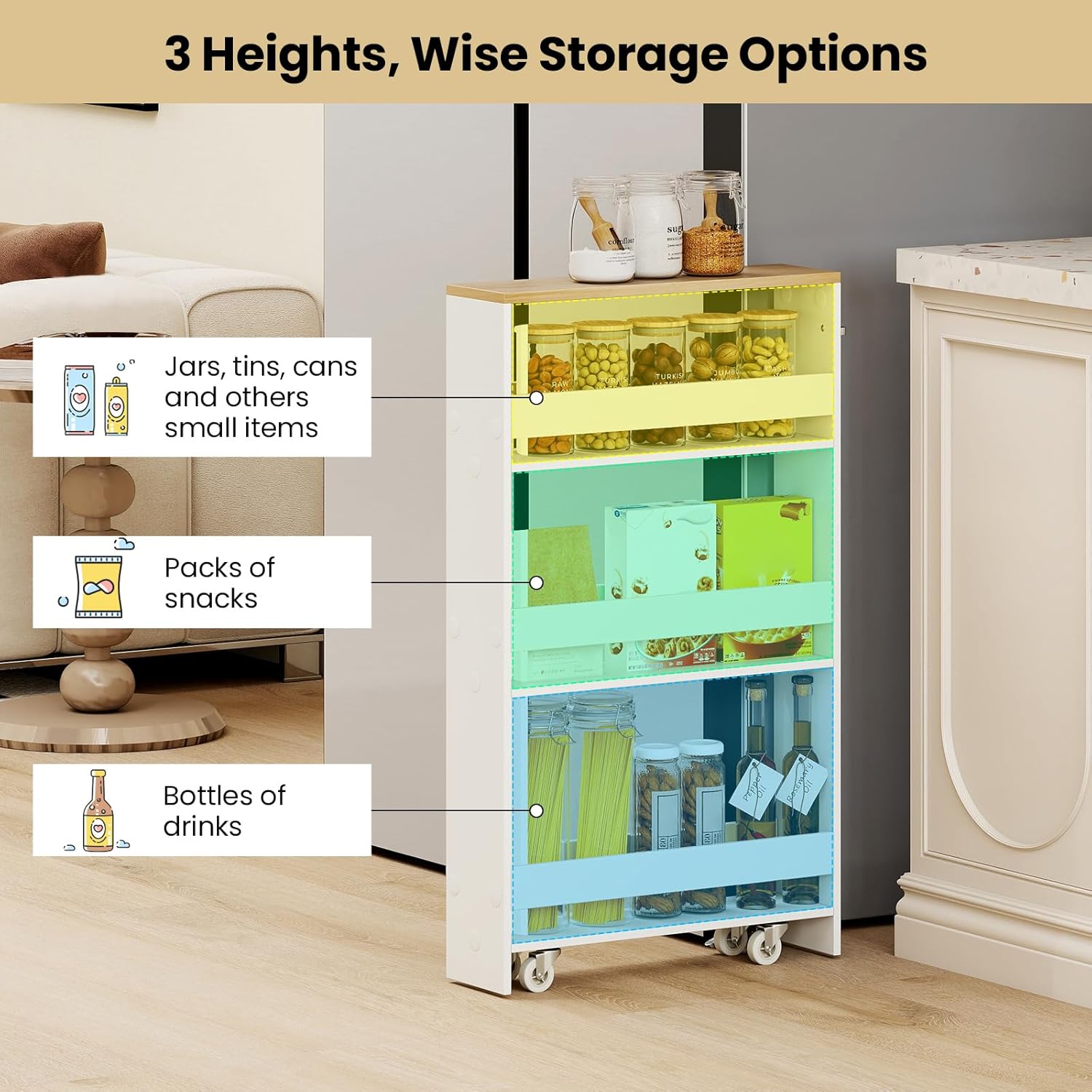 Small Kitchen Cart, 4-Tier Slim Rolling Island w/Handle, Laundry Room Storage Organizers Between Washer and Dryer, Narrow Spice Rack on Wheels Next to Fridge (White & Natural, 5'')