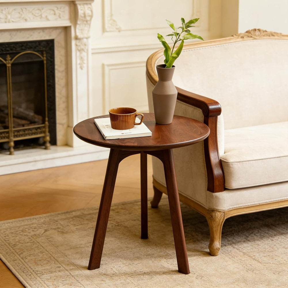 Walnut Small Round Side Table, Solid Oak Wood End Table with 3-Leg Design for...
