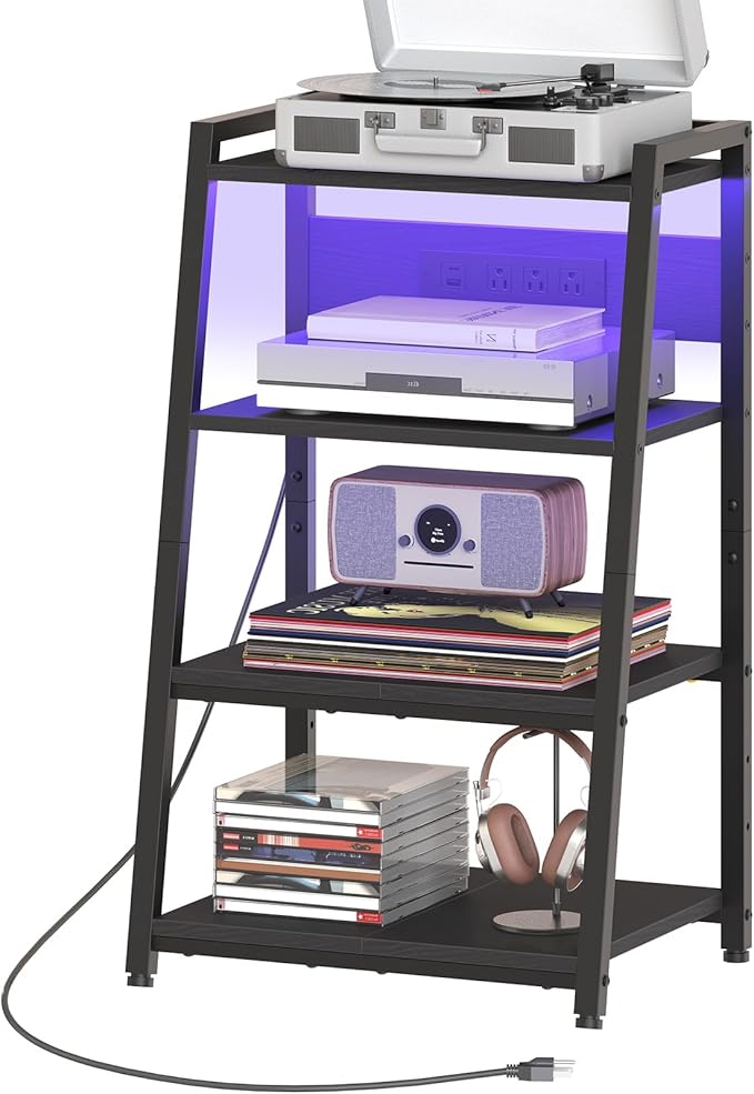 HOOBRO 4-Tier AV Media Stand with Charging Station and LED Light, Wooden Stereo Cabinet, Media Audio Tower Rack, Corner TV Stand, Record Player, Entertainment Device, Black BB106UDCJ01