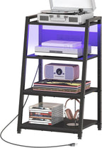 HOOBRO 4-Tier AV Media Stand with Charging Station and LED Light, Wooden Stereo Cabinet, Media Audio Tower Rack, Corner TV Stand, Record Player, Entertainment Device, Black BB106UDCJ01