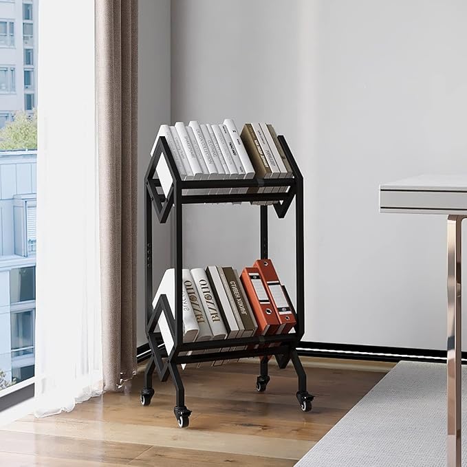 VEDECASA Bookshelf Book Rack Industrial Metal Bookcase 2 Tier Holder with Wheels Modern Stylish Design Magazines Files Album Recipe Book Storage Organizer for Sofa End Bed Beside