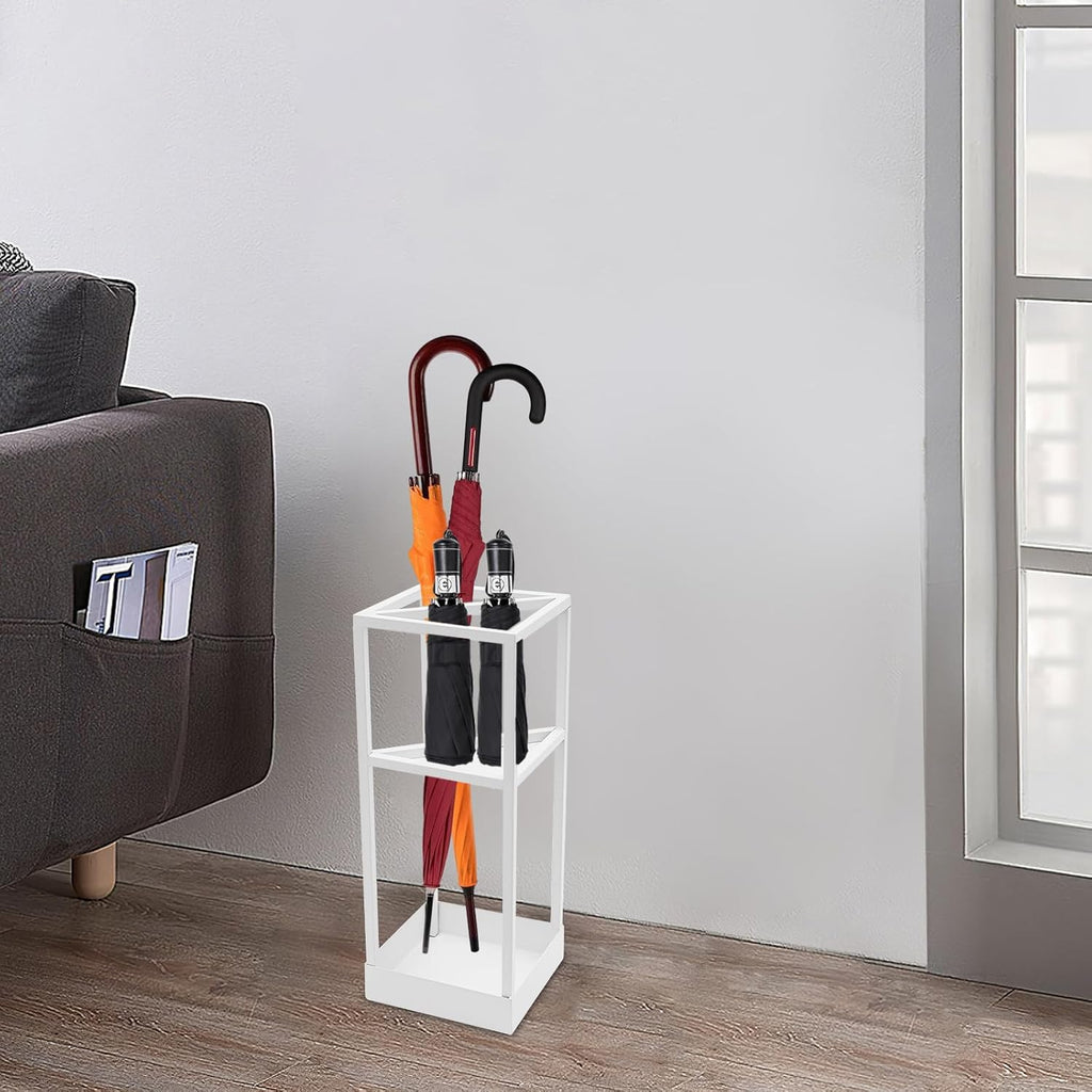 Umbrella Stand for Entryway, Metal Square Umbrella Holder, Freestanding Umbrella Holder Rack with Small Shelf, Indoor Umbrella Storage Stand Rack, for Entryway, Mudrooms, Office(White)