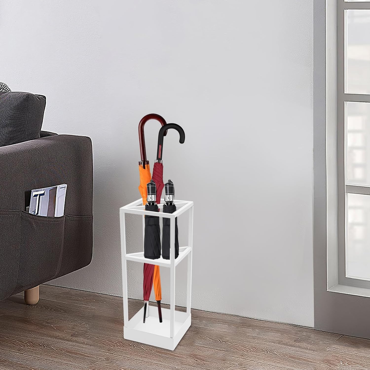 Umbrella Stand for Entryway, Metal Square Umbrella Holder, Freestanding Umbrella Holder Rack with Small Shelf, Indoor Umbrella Storage Stand Rack, for Entryway, Mudrooms, Office(White)