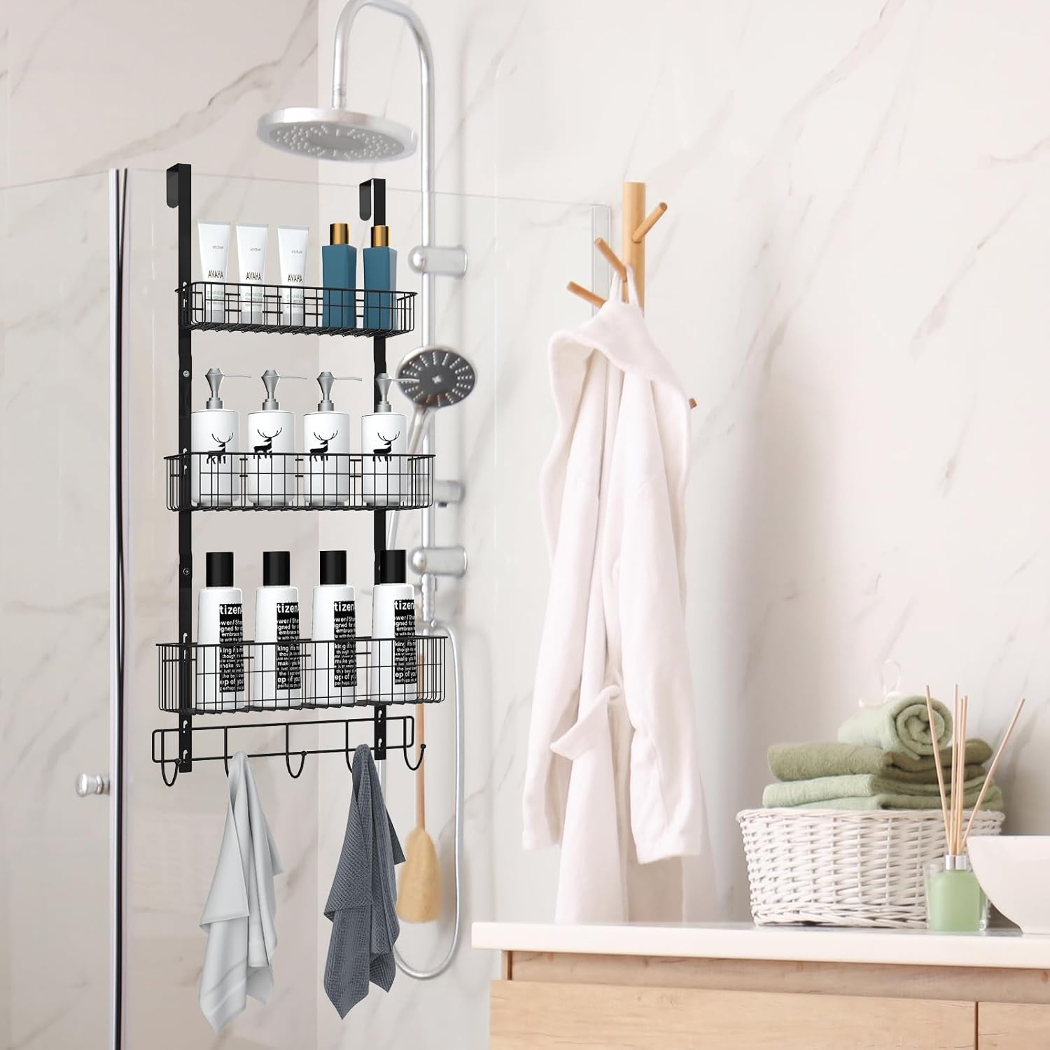 CADUKE Black Over The Door Organizer Over The Door Hooks with Basket Storage Door Towel Racks for Bathroom Door Storage Rack with 5 Hooks 3-Tier Door Hanger Basket for Kitchen