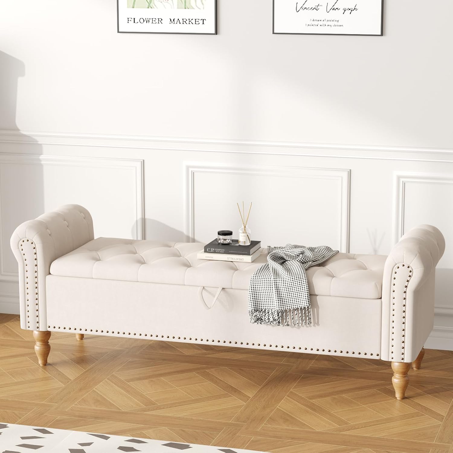 Furniliving 63” End of Bed Bench, Bedroom Bench with Button-Tufted, Large Upholstered Storage Ottoman Benches Entryway Bench with Storage Shoe Cabinet Bench, for Bedroom, Living Room, Linen, Beige