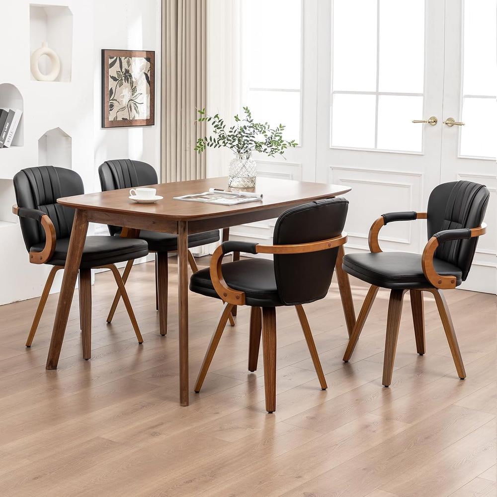 Swivel Dining Chairs Set of 4 Mid Century Modern Black Faux Leather Upholster...