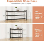 LANTEFUL 3-Tier Expandable Shoe Rack for Closet, Adjustable 18"-33" Metal Shoe Organizer for 12 Pairs, Shoe Shelf for Small Spaces, Entryway, Bedroom with 5 Hooks