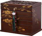 Hand-drawn rose Jewelry Box Wood for Wowen,6-Layer Wooden Jewelry Organizer Boxes with 4 Drawers dresser, Vintage Multi-functional Jewelry Storage Case with lock