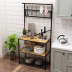 soges Kitchen Baker's Rack, 4-Tier Design, Microwave Stand, Rustic Brown, Utility Organizer, Mesh Bottom Panel, Free Standing with 5 Hooks