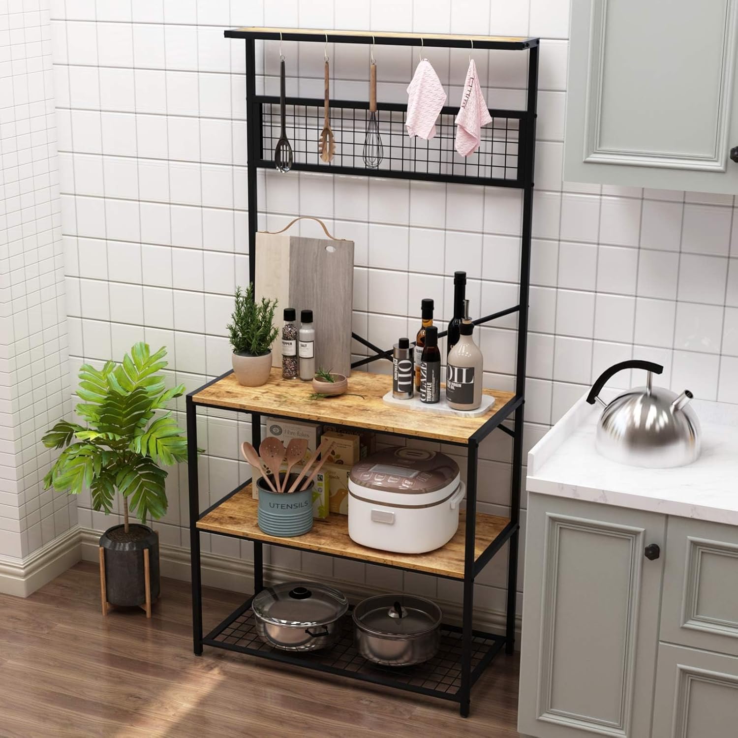 soges Kitchen Baker's Rack, 4-Tier Design, Microwave Stand, Rustic Brown, Utility Organizer, Mesh Bottom Panel, Free Standing with 5 Hooks