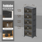 Stackable Storage Bins,164GAL Foldable Cabinet Storage Bins with Lid and Door, Collapsible Plastic Closet Organizers, Folding Multi-Use Containers for Home, Pantry, Office (L, Gray 5-Tier)