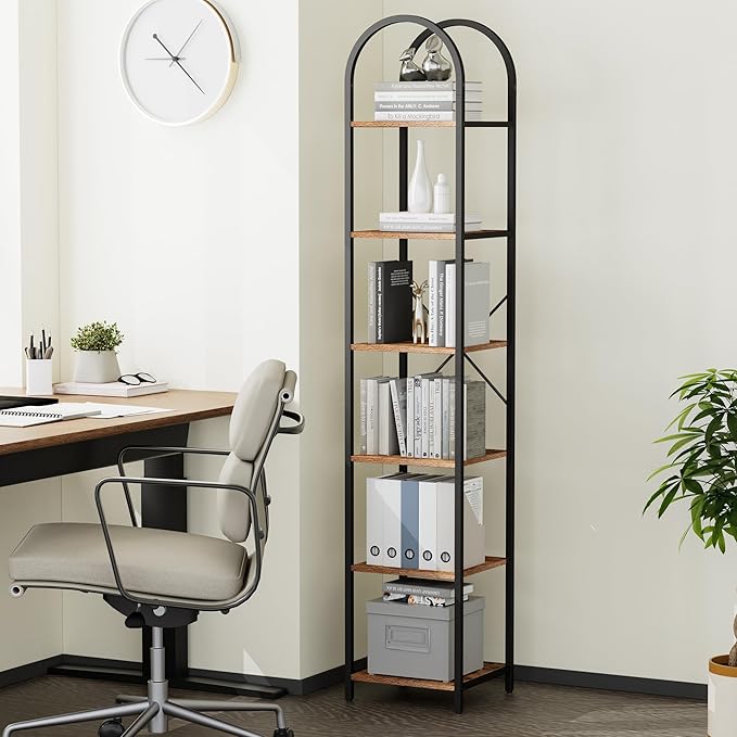 Homhedy 6-Tier Narrow Bookshelf Arched Display Racks, Wood and Metal Bookcase, Tall Bookshelf, Industrial Display Standing Shelf Unit, for Home Office, Living Room, Bedroom, Bathroom