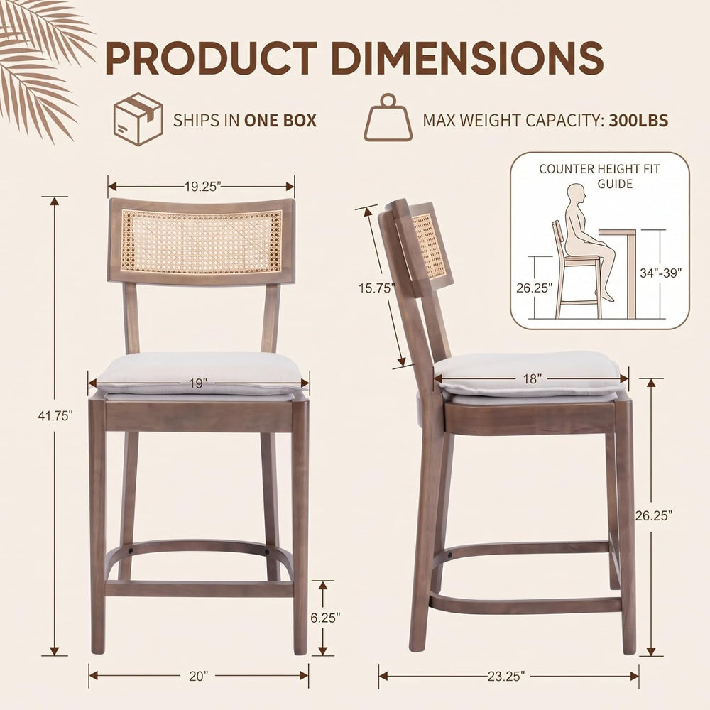 Rattan Counter Height Bar Stools Set of 2, 26" Wooden Bar Stools