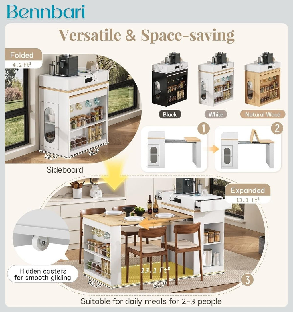 Kitchen Island with Extendable Dining Table, Bar Table with Folding Tabletop and Power Outlet, Storage Island with Drawers, Wheels and Hooks, Ships in 2 Boxes (Creamy White & Natural)