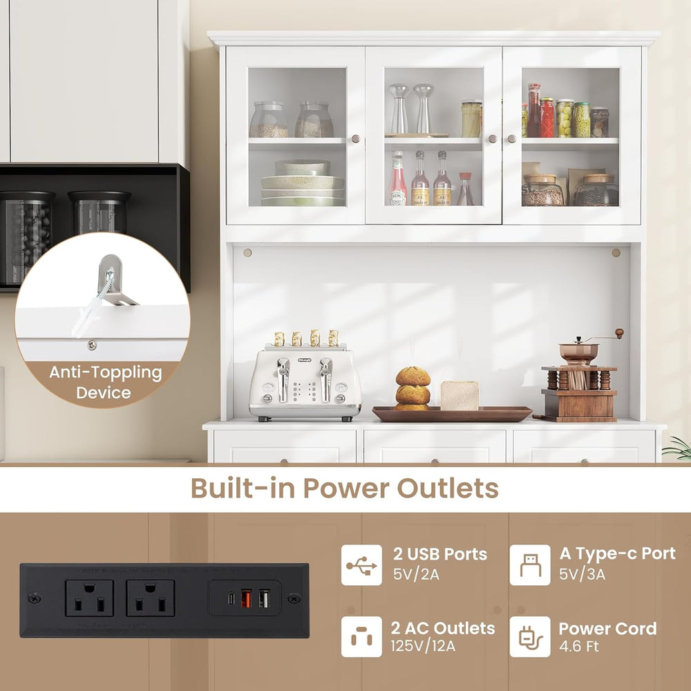 77" Large Kitchen Hutch with Charging Station, LED Pantry Cabinet with M...