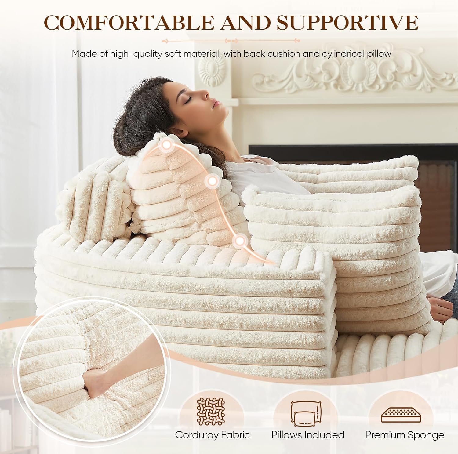 Oversized Round Chaise Longue Chair Indoor, Modern 55-inch Upholstered Corduroy Deep Seat Circle Single Cloud Lounge Floor Sofa Chair for Living Room, Bedroom Apartment, Beige