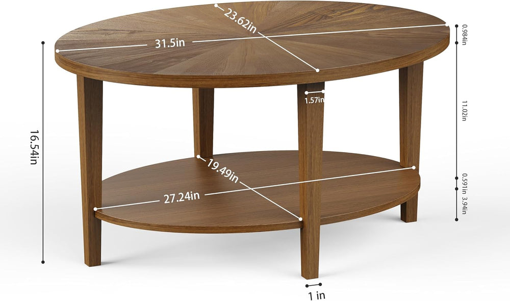 Solid Wood Oval Coffee Table for Living Room, 2 Tier Farmhouse Coffee Table w...