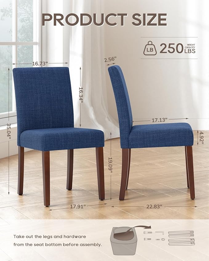 Upholstered Dining Chairs Set of 2 - Line Fabric Modern Farmhouse Kitchen Chairs,Mid-Back Dining Room Chairs with Wooden Legs