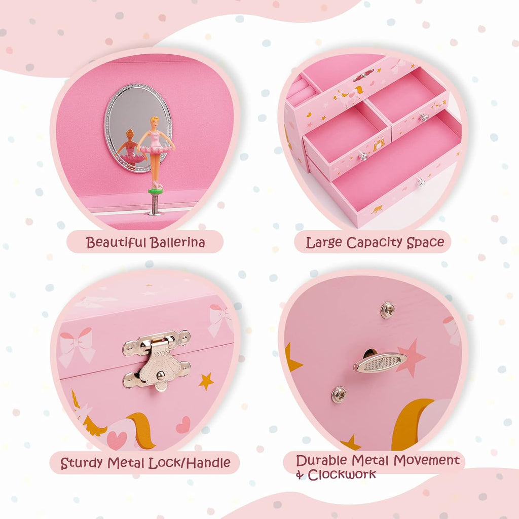 Musical Jewelry Box for Girls 8.07 x 5.12 x 6.14 with 3 Pullout Drawers Spinning Ballerina & Unicorn Jewelry Set, Music Boxes for Birthday Valentine Christmas Gift Waltz of Flowers Tune