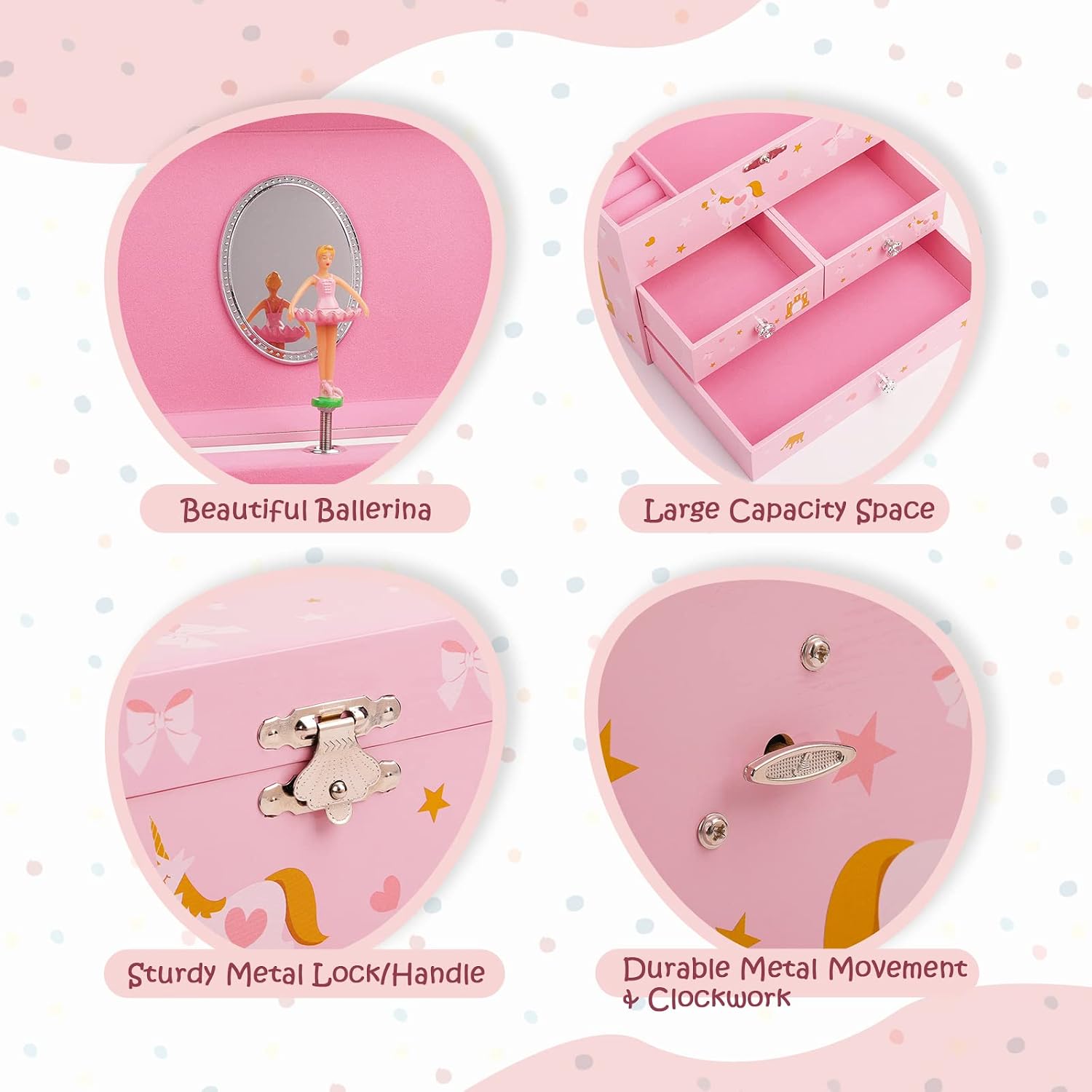 Musical Jewelry Box for Girls 8.07 x 5.12 x 6.14 with 3 Pullout Drawers Spinning Ballerina & Unicorn Jewelry Set, Music Boxes for Birthday Valentine Christmas Gift Waltz of Flowers Tune