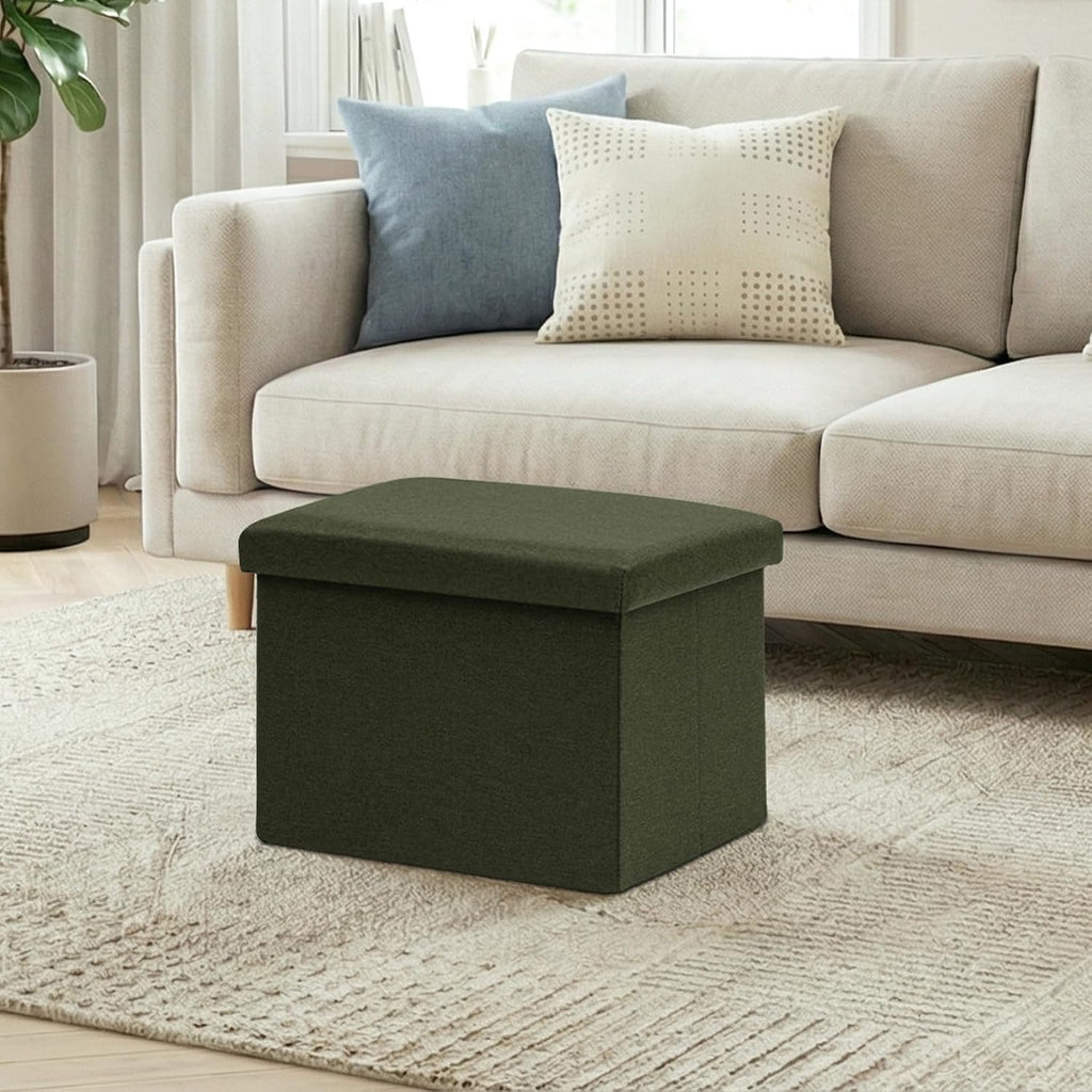 16.5 Inch Small Rectangular Storage Ottoman, Collapsible Footrest | Linen Fabric, Hidden Storage, Foldable Footstool with Padded Lid, Compact Size for Living Room, Bedroom and Dorm, Olive Green