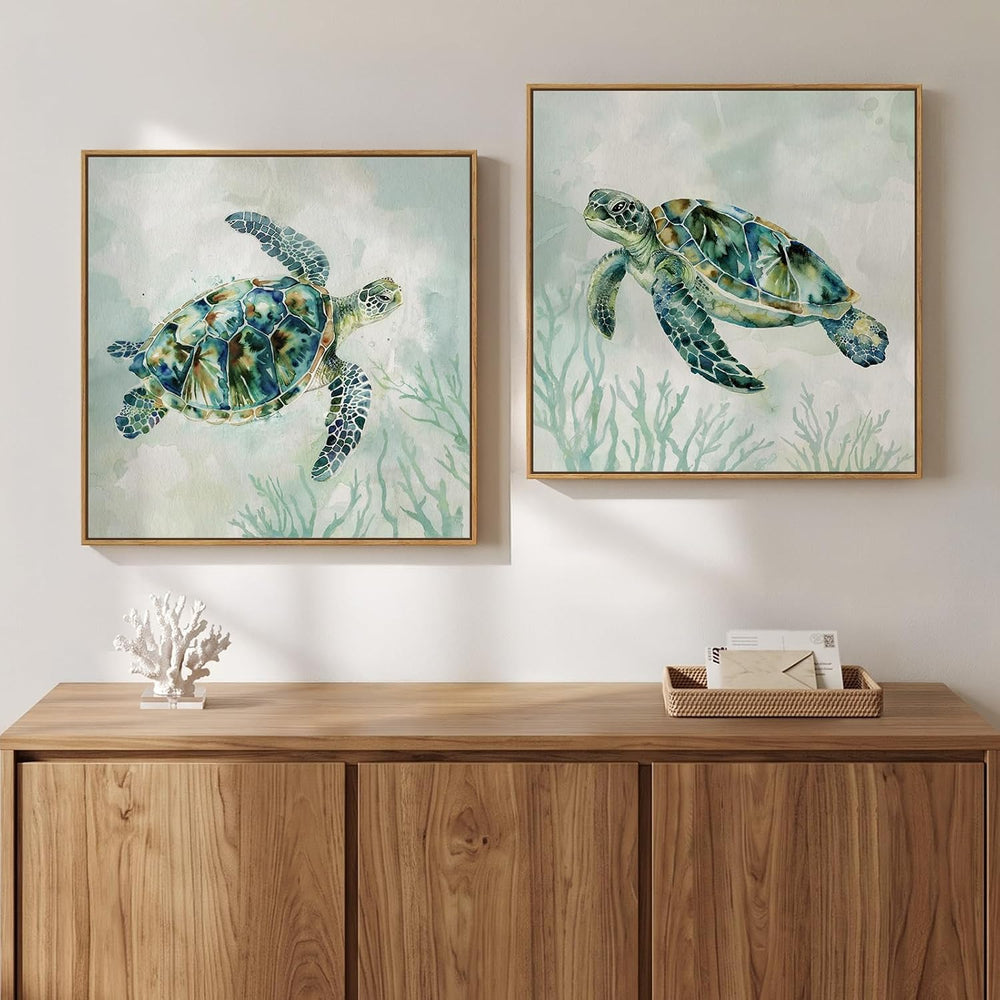 Large Framed Coastal Green Sea Turtle Wall Art for Living Room, 24x24 Inch