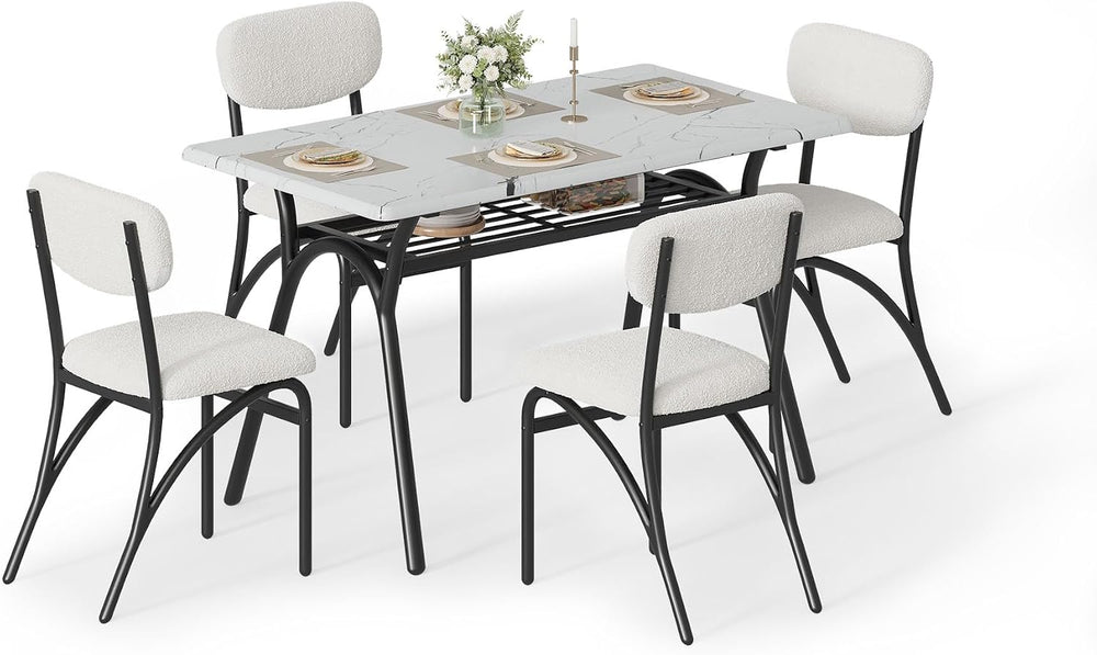 5-Piece Dining Table Set for 4, Modern Kitchen Table with 4 Boucle Chairs, Re...