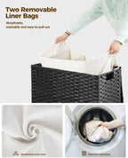 Greenstell Laundry Hamper with Wheels&Lid, 130L Large 3 Sections Clothes Hamper with 2 Types Removable Liner Bags, 5 Mesh Laundry Bags, Handwoven Divided Laundry Basket Black